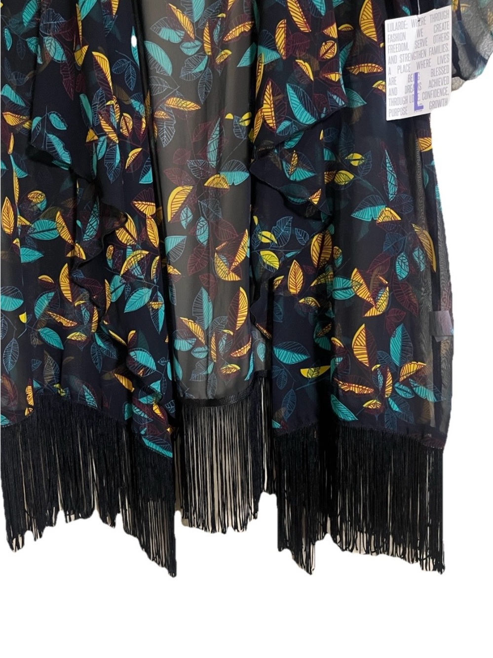 LuLaRoe Kimono Sz L MONROE Draped Collar Sheer Black Leaf Print Fringe Feminine - Picture 5 of 8